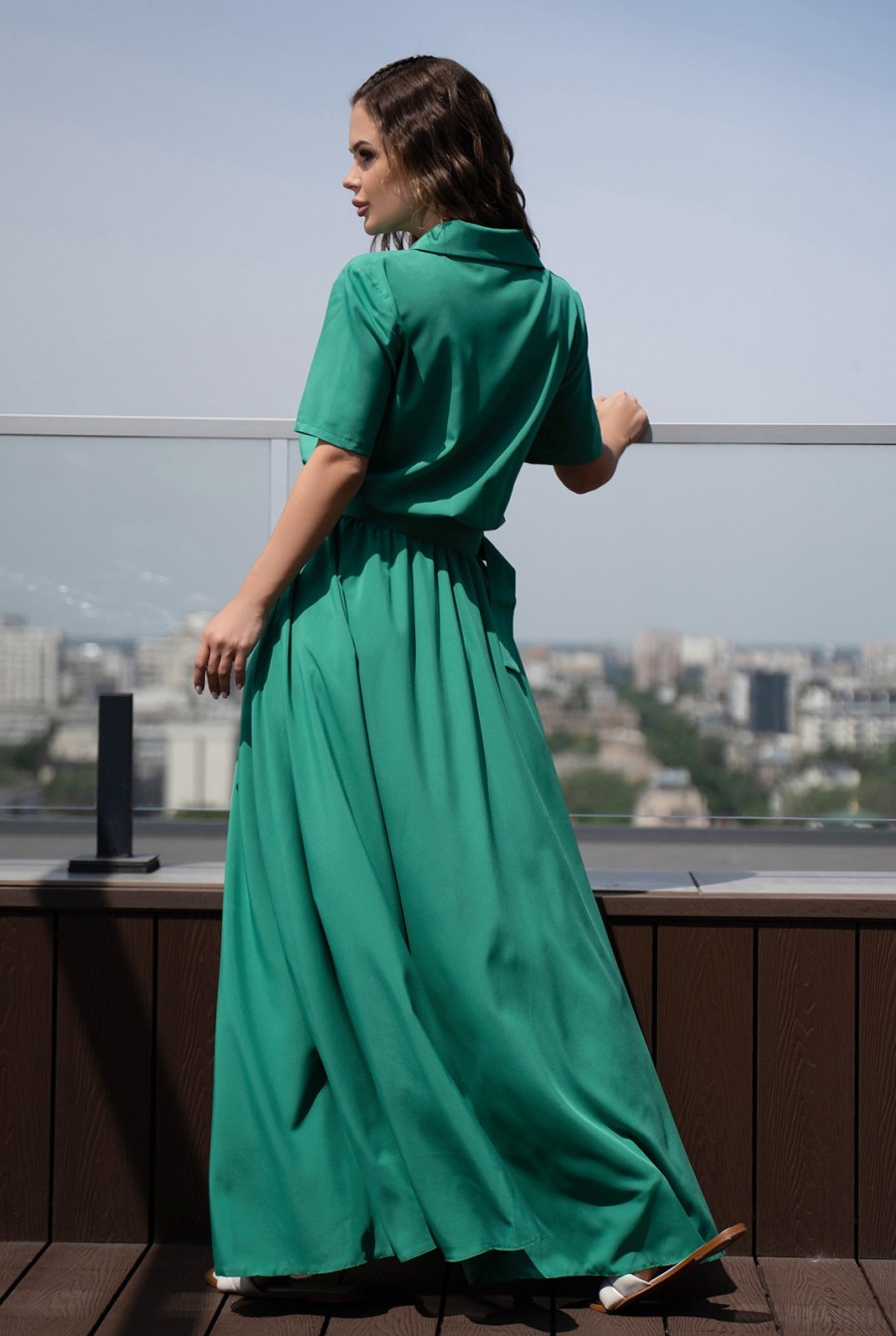 Зеленое длинное платье-рубашка на пуговицах - Фото 3