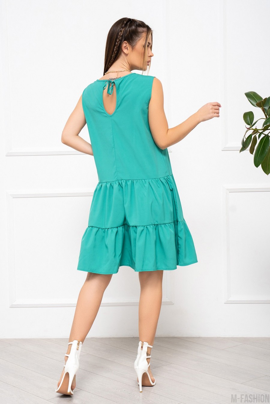 Зеленое свободное платье с воланами - Фото 3