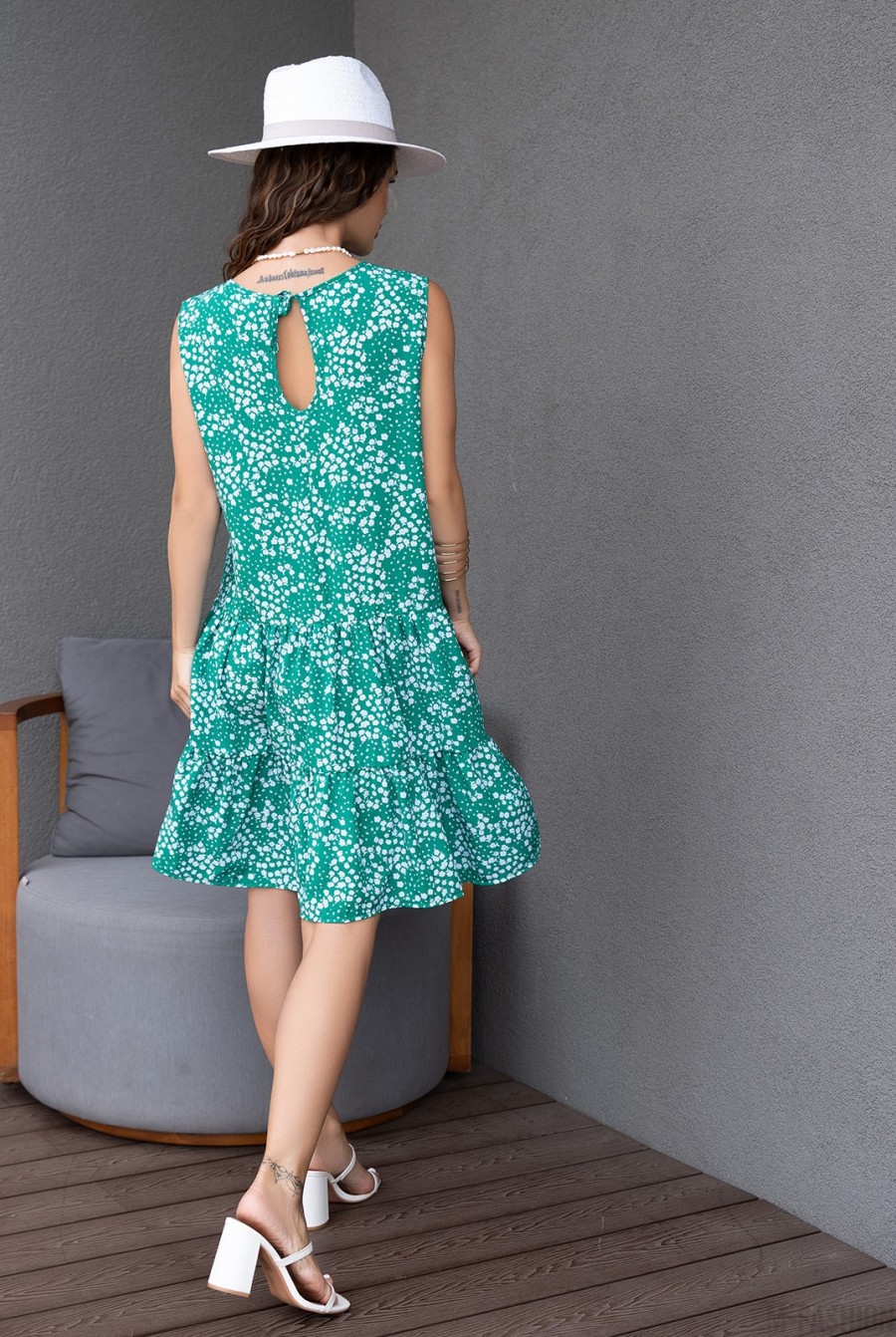 Зеленое цветочное платье с воланами - Фото 2