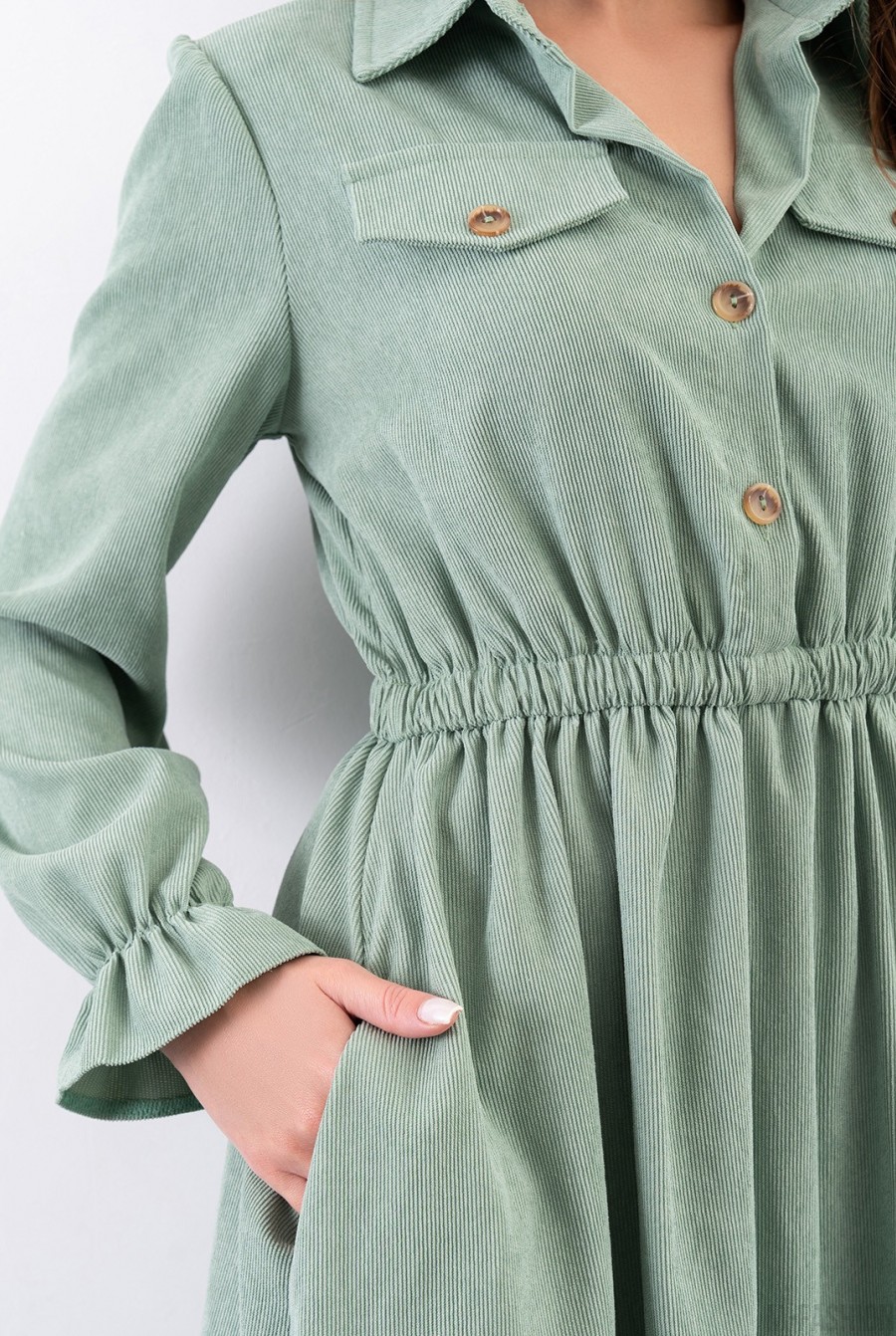Зеленое вельветовое платье-рубашка с длинными рукавами - Фото 4