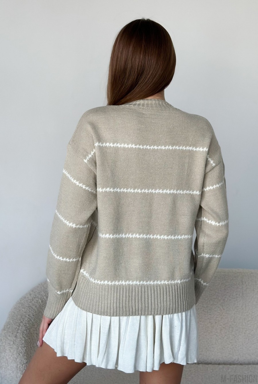Ангоровый вязаный свитер бежевого цвета в полоску - Фото 3