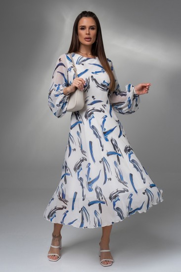 Бело-синее принтованное платье из шифона