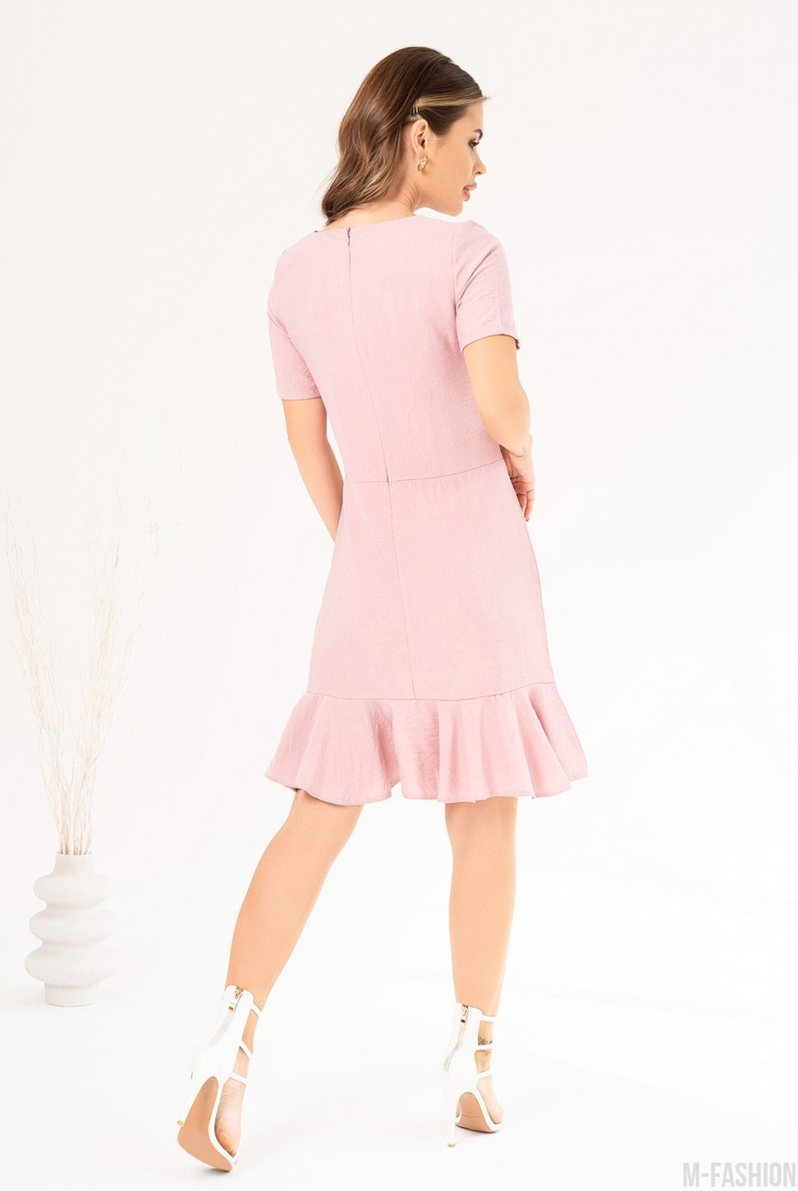 Розовое льняное платье с нижним воланом - Фото 3