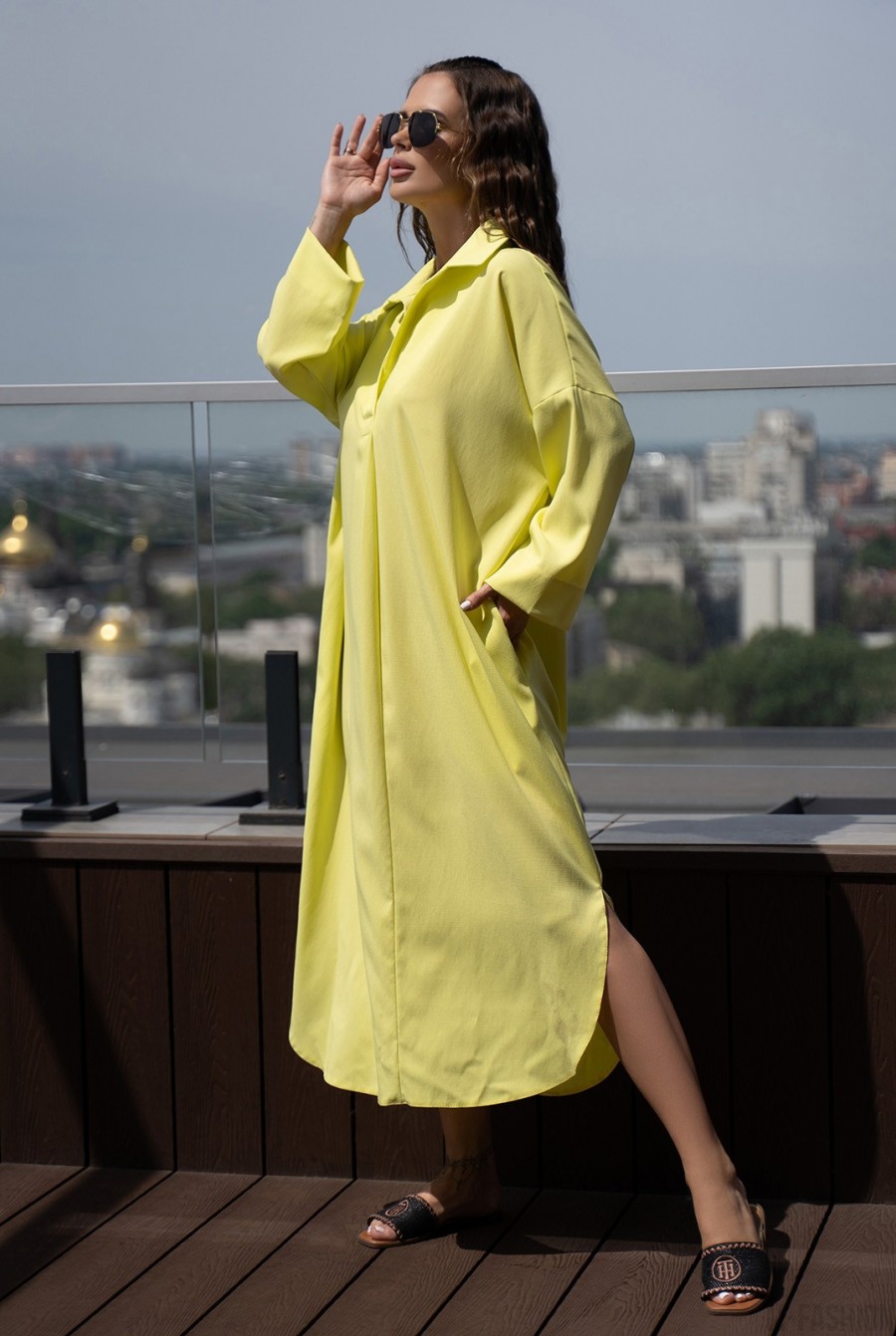 Желтое платье-рубашка свободного кроя - Фото 2