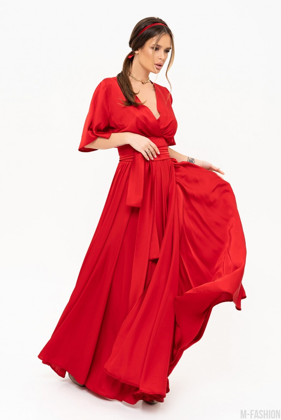 Красное шелковое длинное платье с декольте на запах - Фото 2