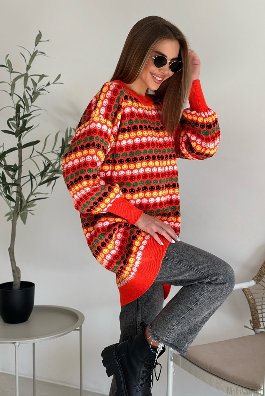 Оранжевый шерстяной свитер со смайликами - Фото 2