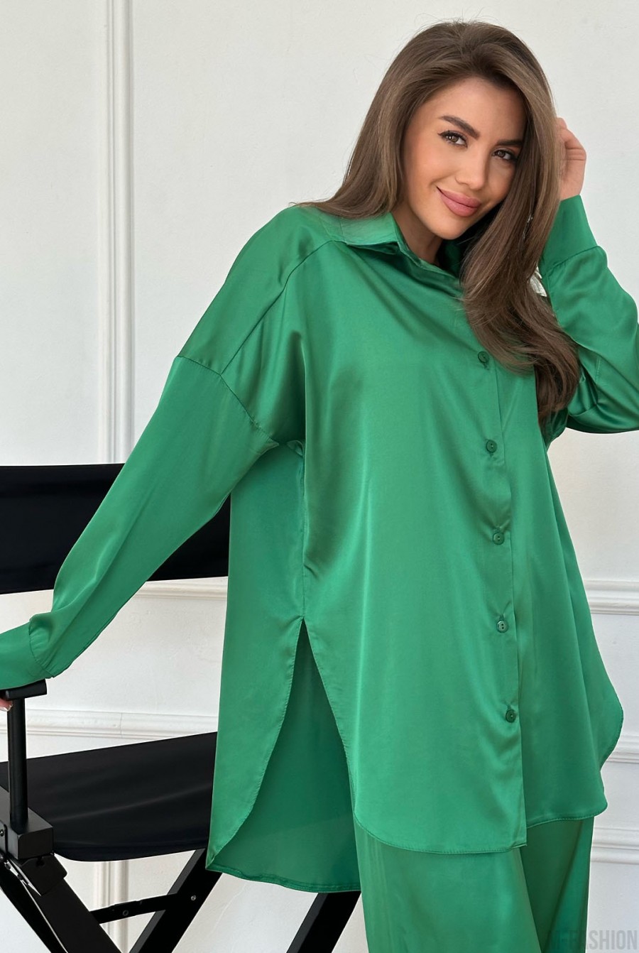 Зеленый шелковый костюм в пижамном стиле - Фото 2