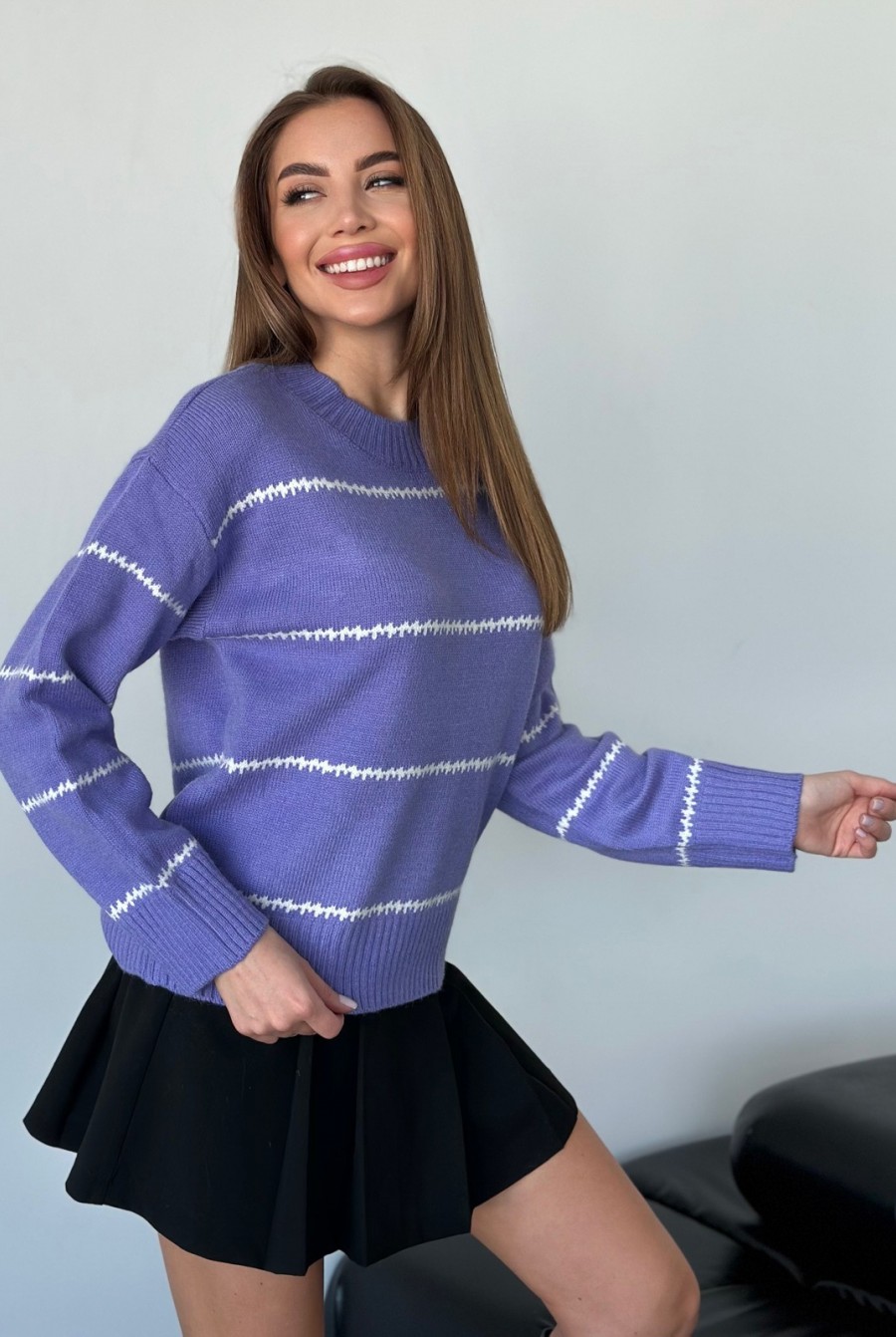 Ангоровый вязаный свитер сиреневого цвета в полоску - Фото 2