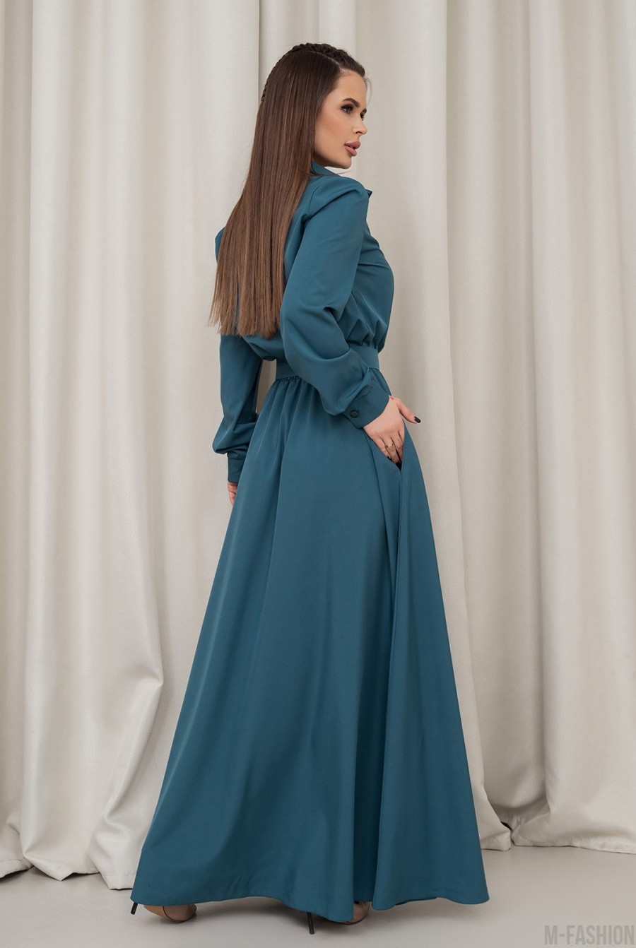 Бирюзовое платье-рубашка с длинными рукавами - Фото 3