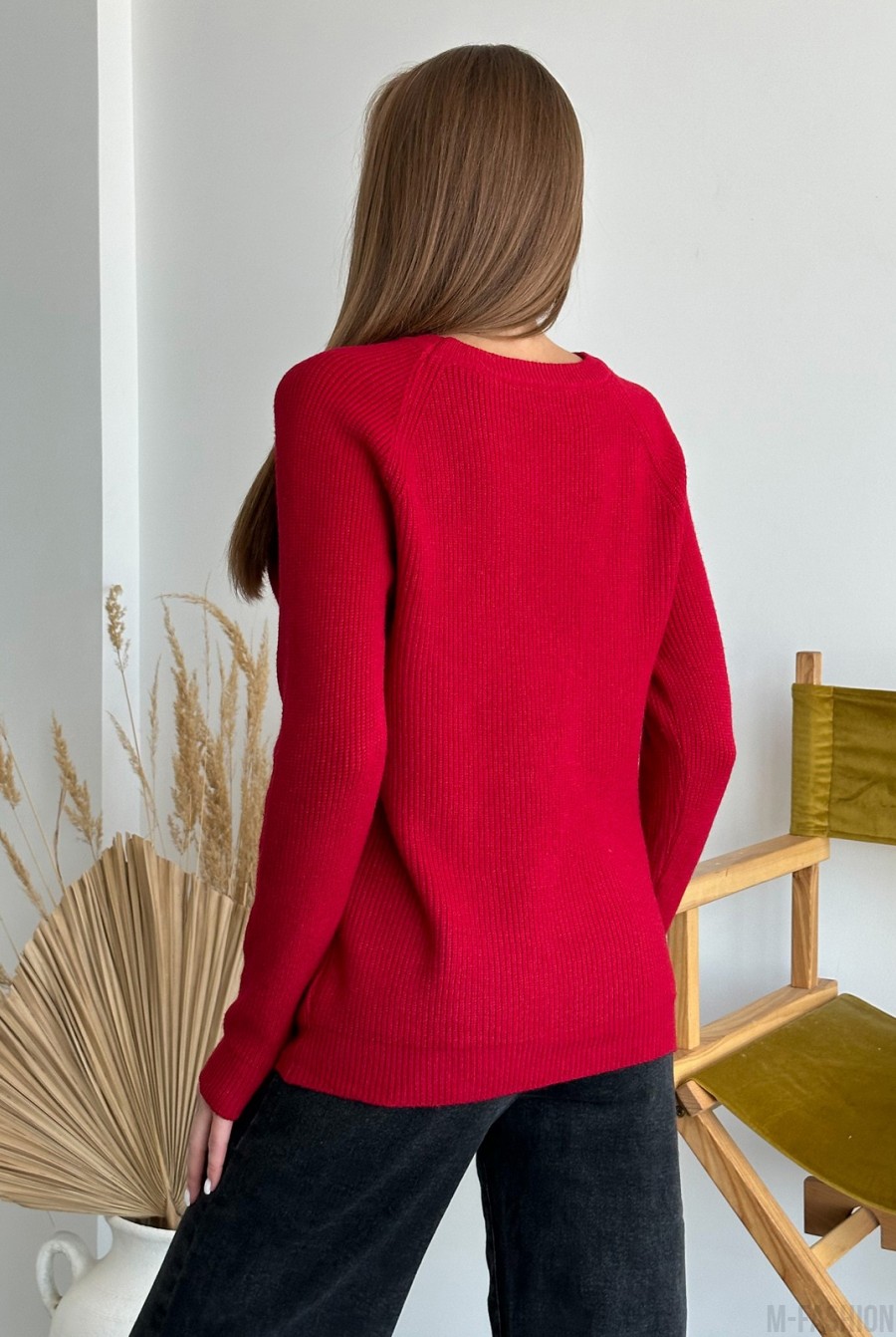 Бордовый вязаный свитер с рукавами-реглан - Фото 3