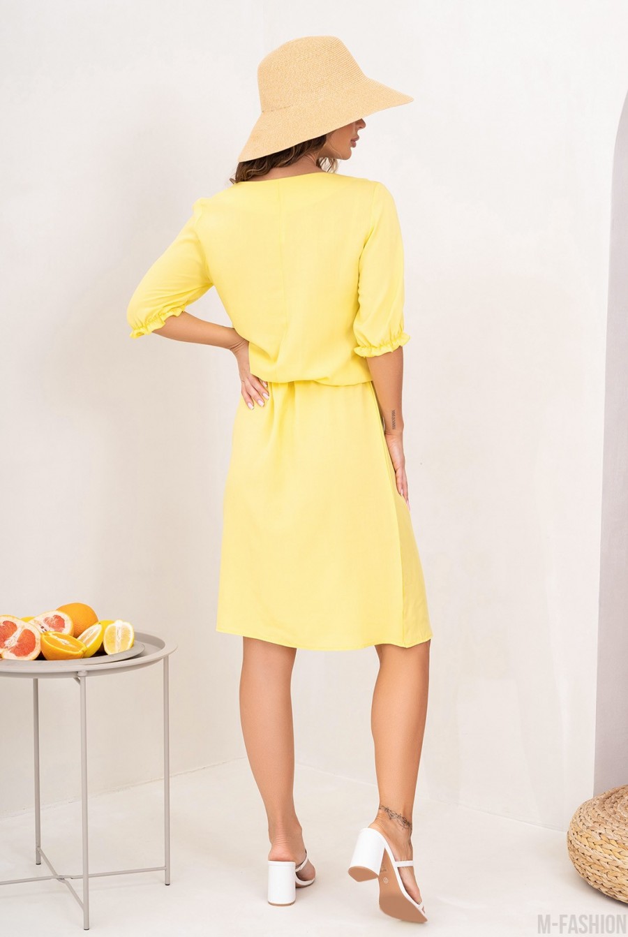 Желтое хлопковое платье на кулиске - Фото 3