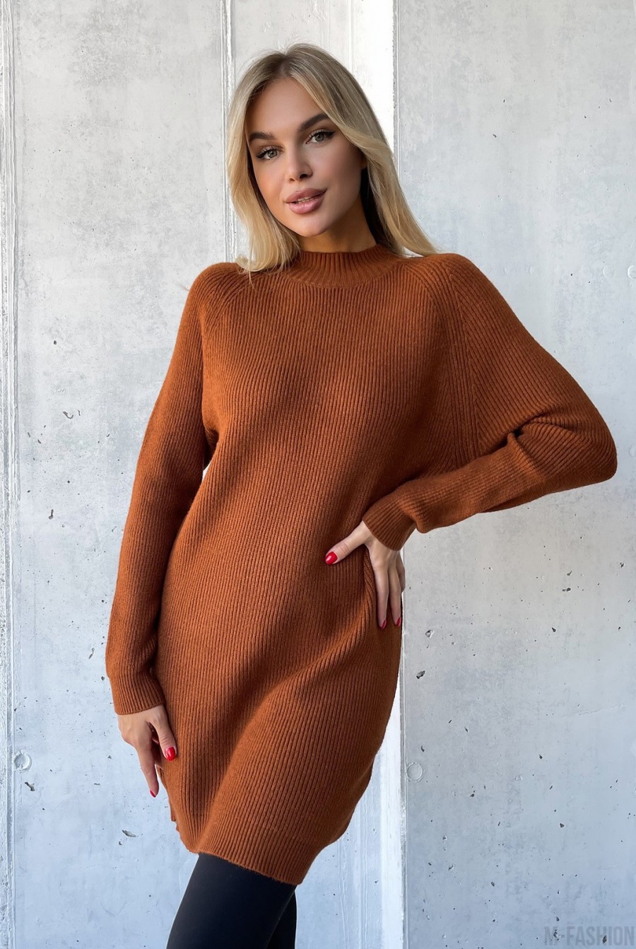Коричневый кашемировый свитер-туника  - Фото 1