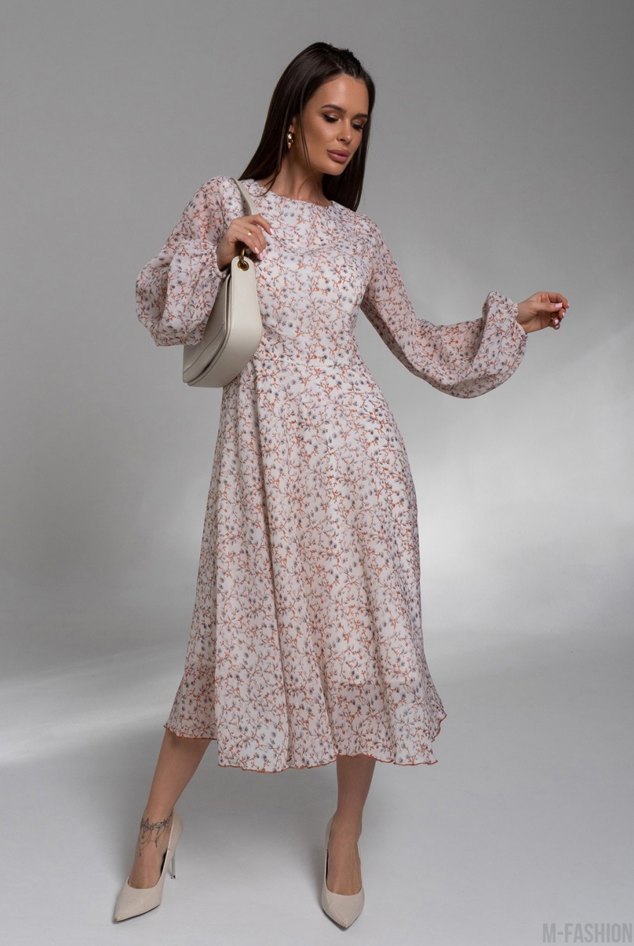 Цветочное классическое платье из шифона  - Фото 1