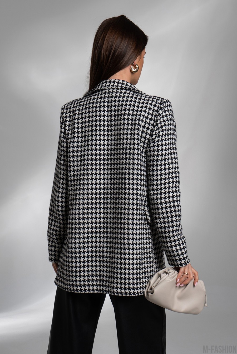 Твидовый черно-белый пиджак с принтом гусиная лапка - Фото 3