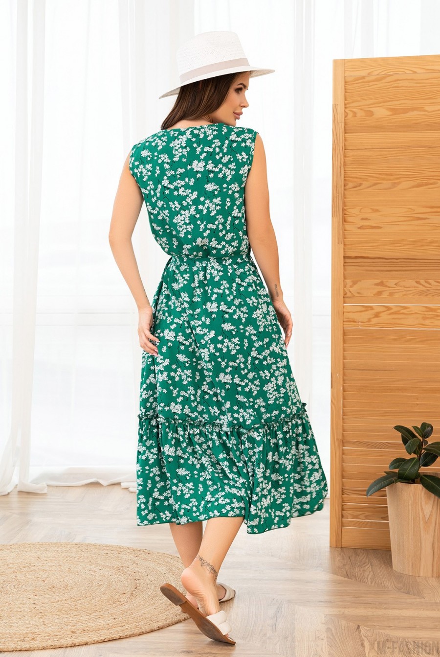 Зеленое хлопковое платье без рукавов с цветочным принтом - Фото 3