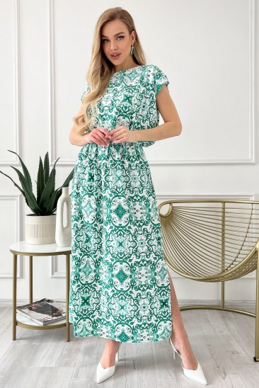 Зеленое принтованное платье с боковым разрезом