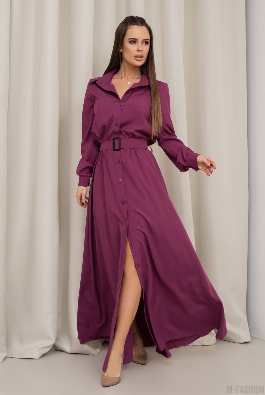 Фиолетовое платье-рубашка с длинными рукавами  - Фото 1