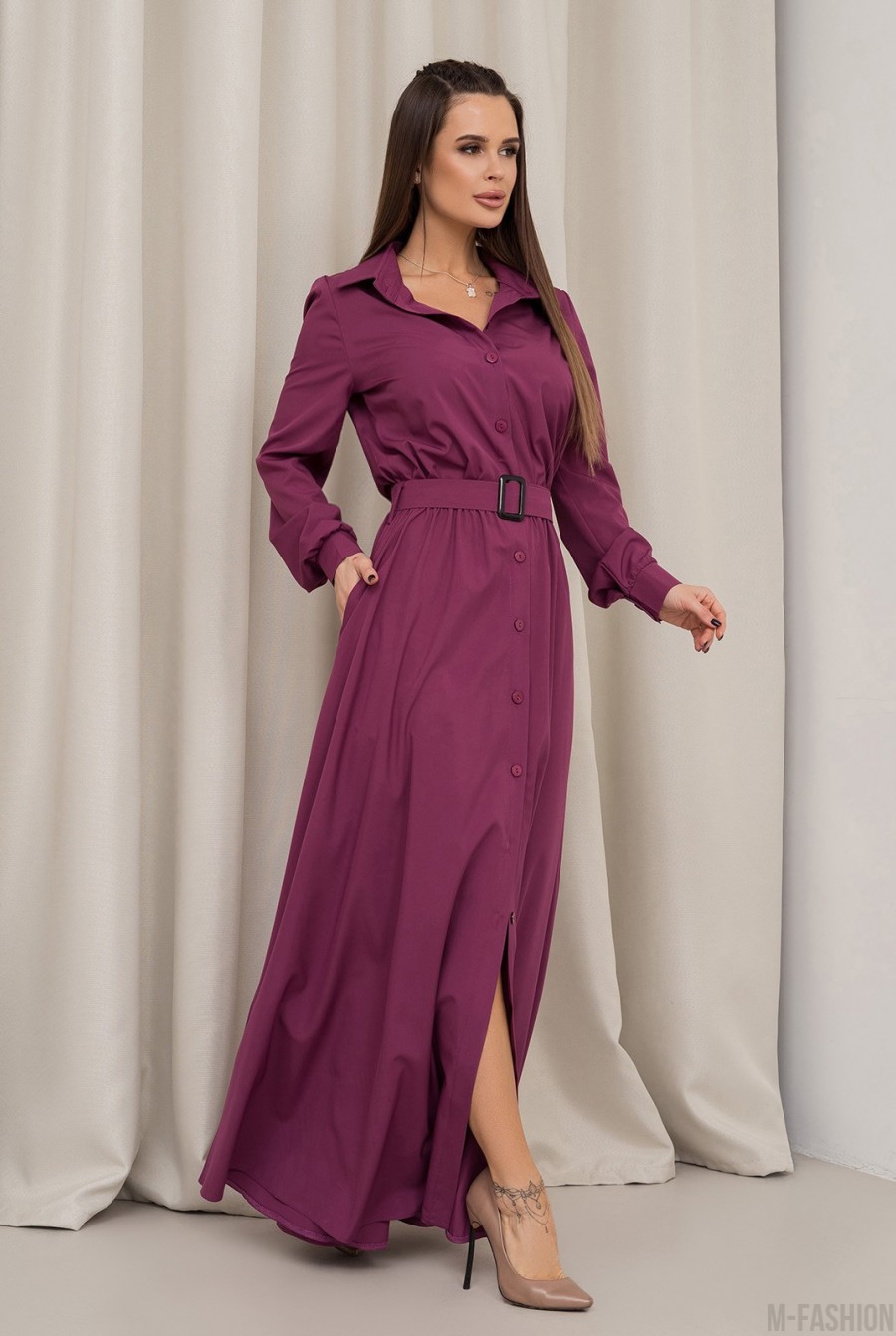 Фиолетовое платье-рубашка с длинными рукавами - Фото 2