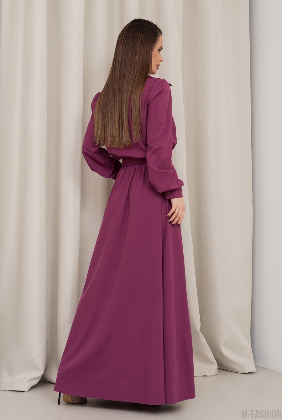 Фиолетовое платье-рубашка с длинными рукавами - Фото 3