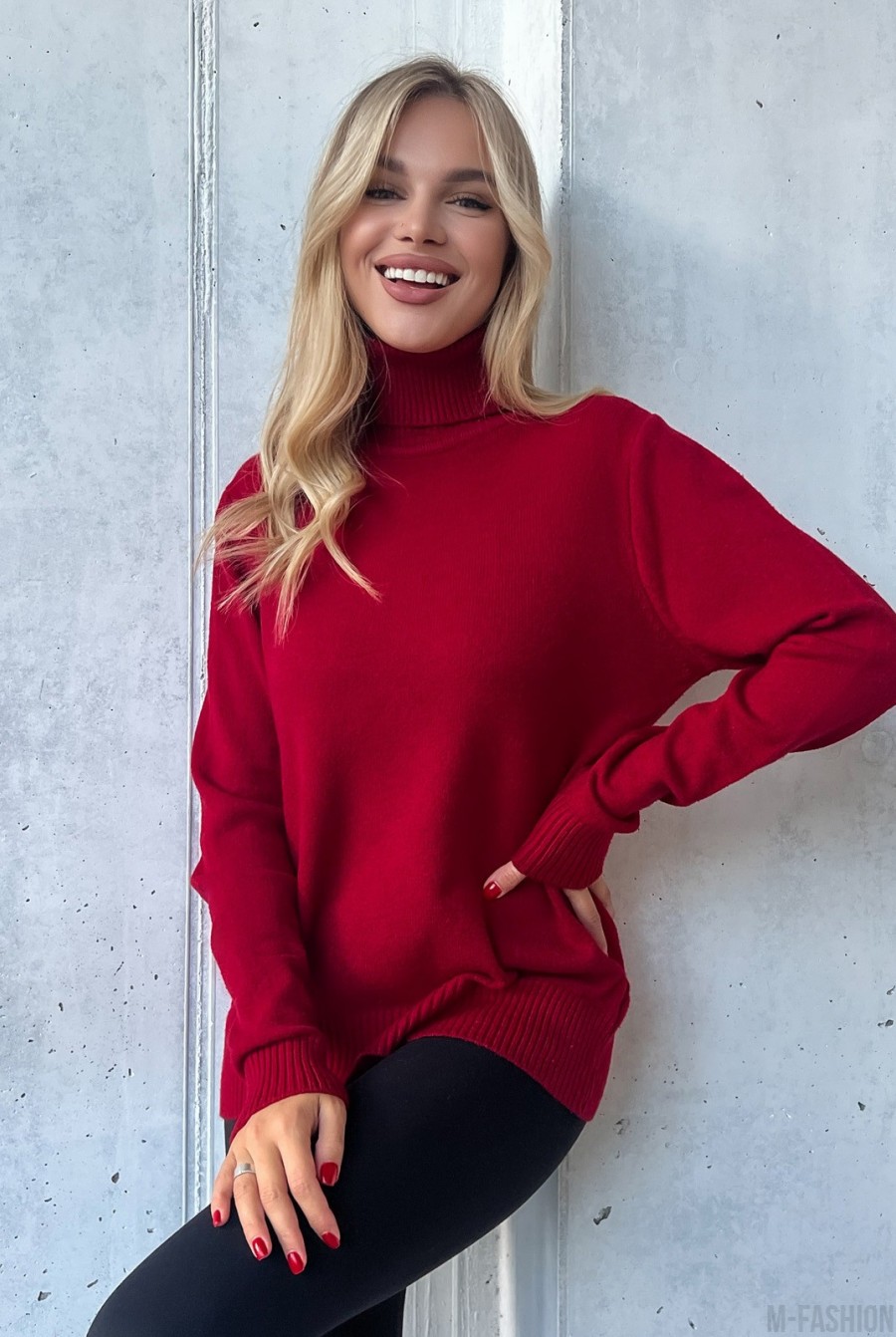 Красный кашемировый свитер с высоким горлом - Фото 2