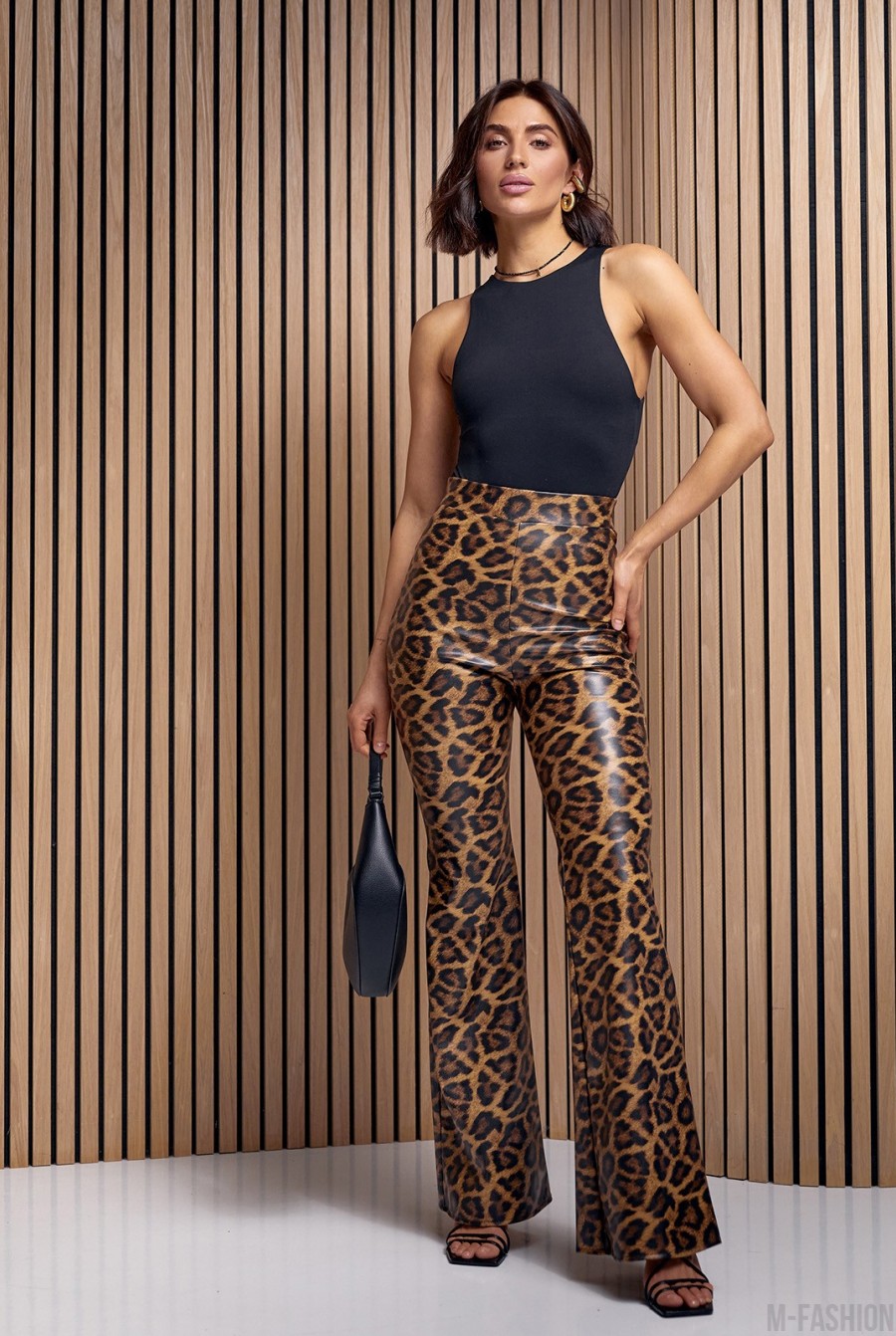 Леопардовые кожаные брюки клеш - Фото 4