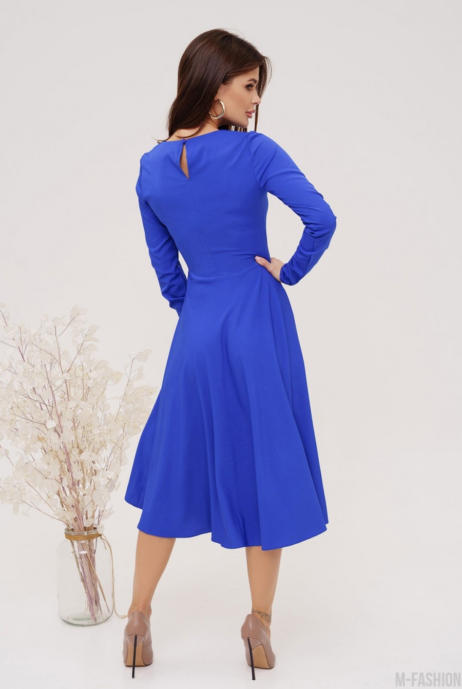 Синее классическое платье с длинными рукавами - Фото 3