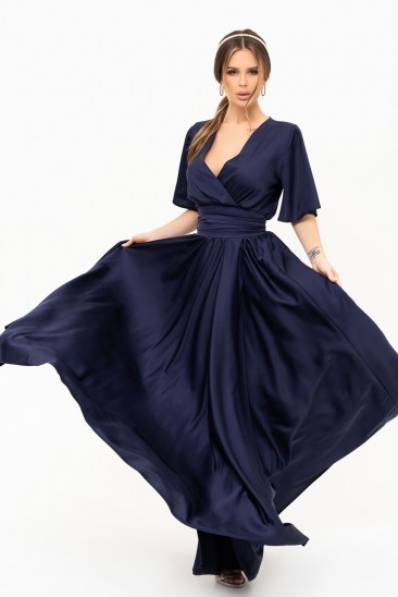Темно-синее шелковое длинное платье с декольте на запах