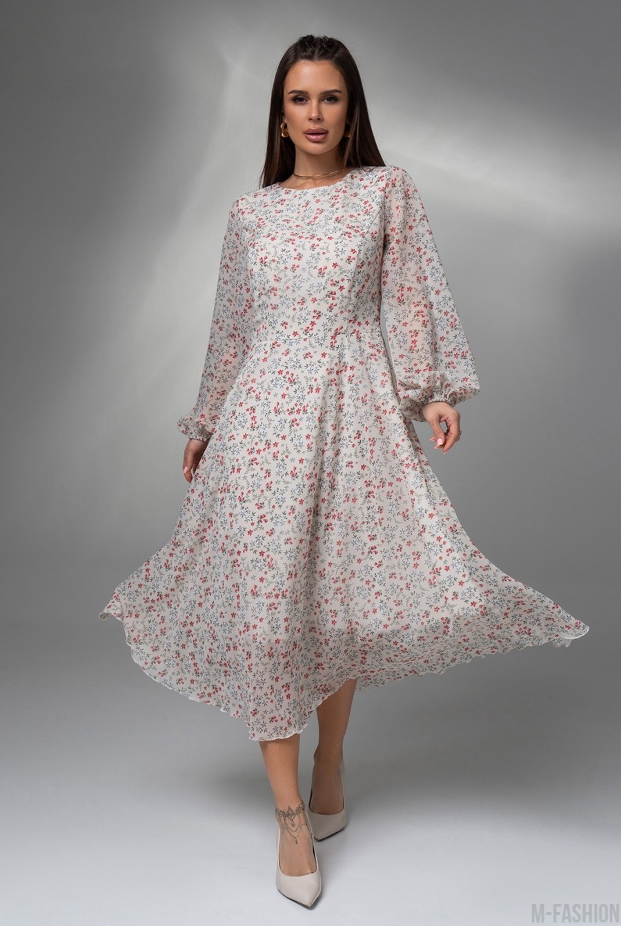 Цветочное классическое платье из шифона   - Фото 1