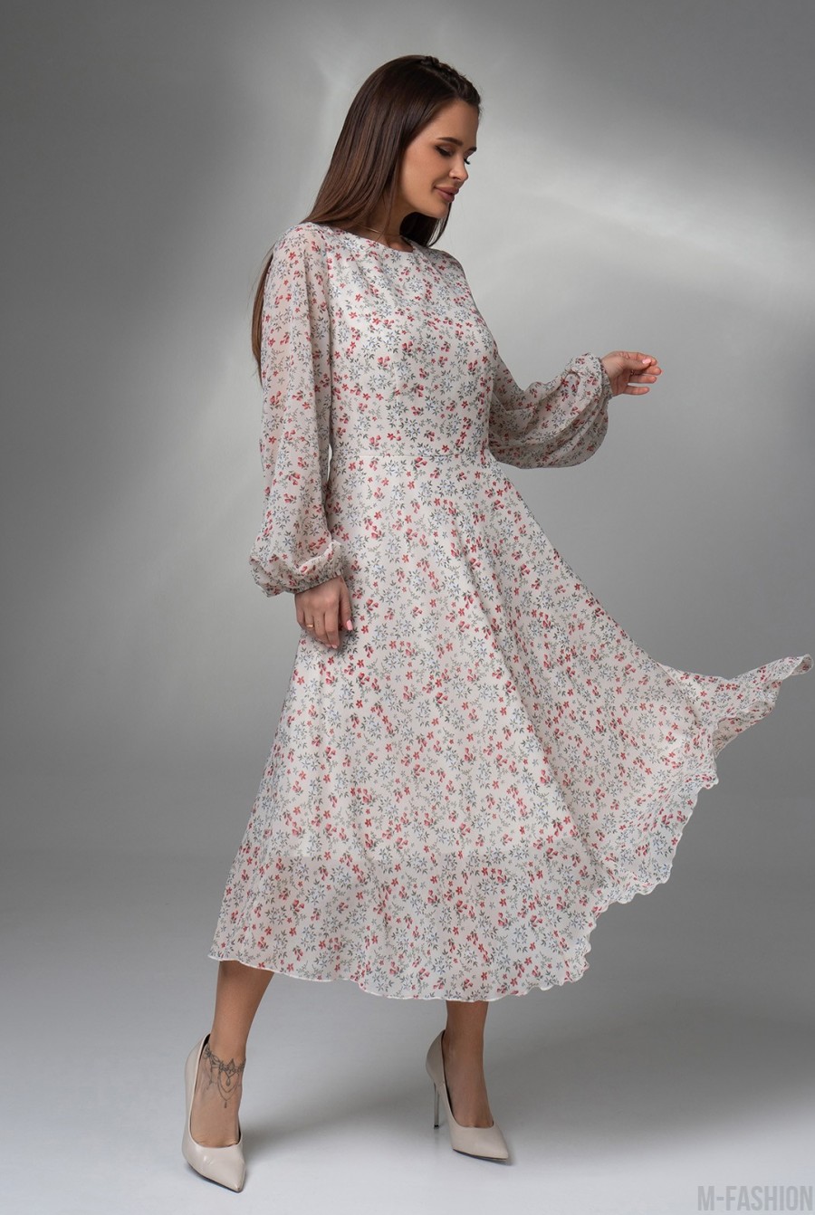 Цветочное классическое платье из шифона  - Фото 2