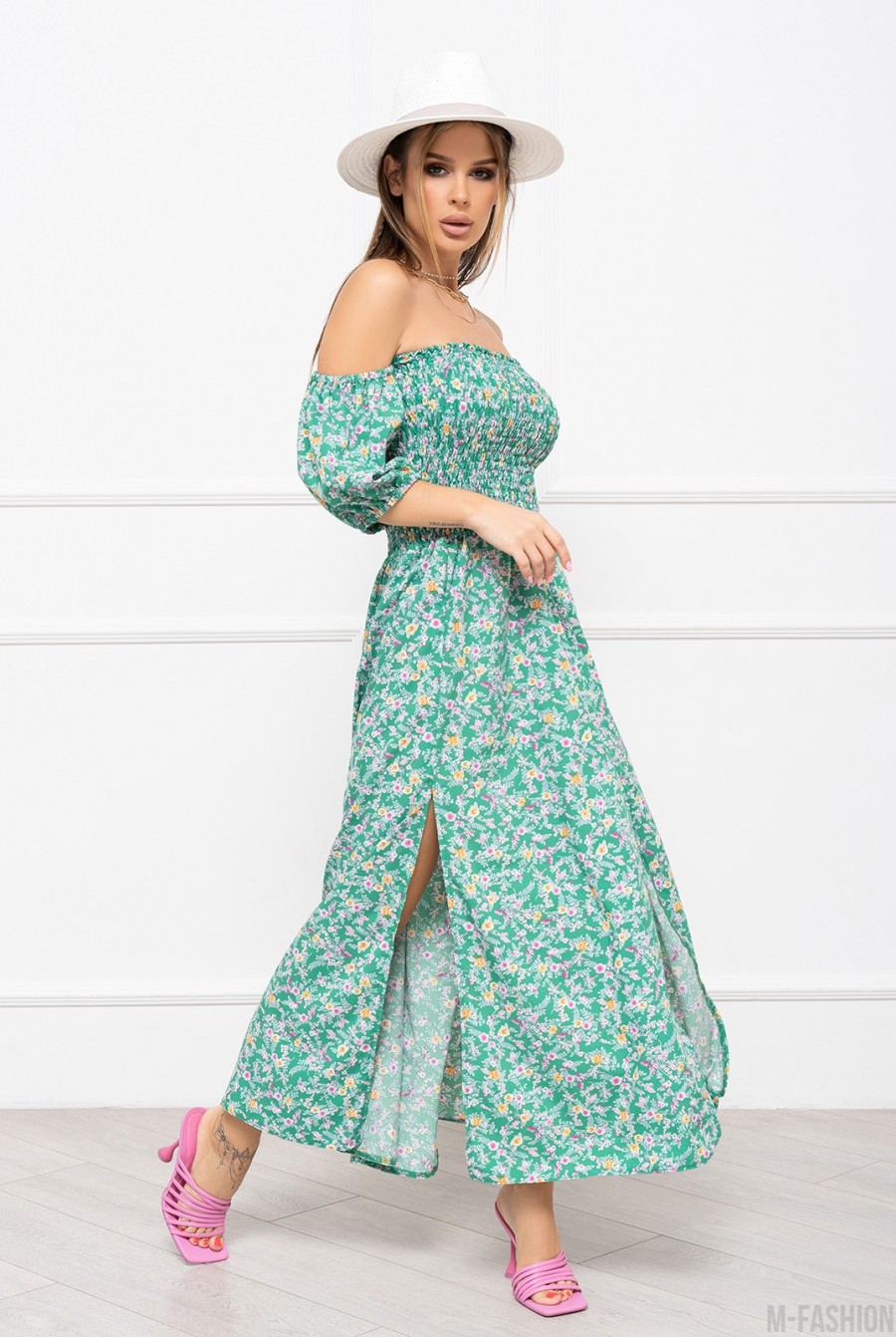 Зеленое цветочное платье с лифом-жаткой - Фото 2