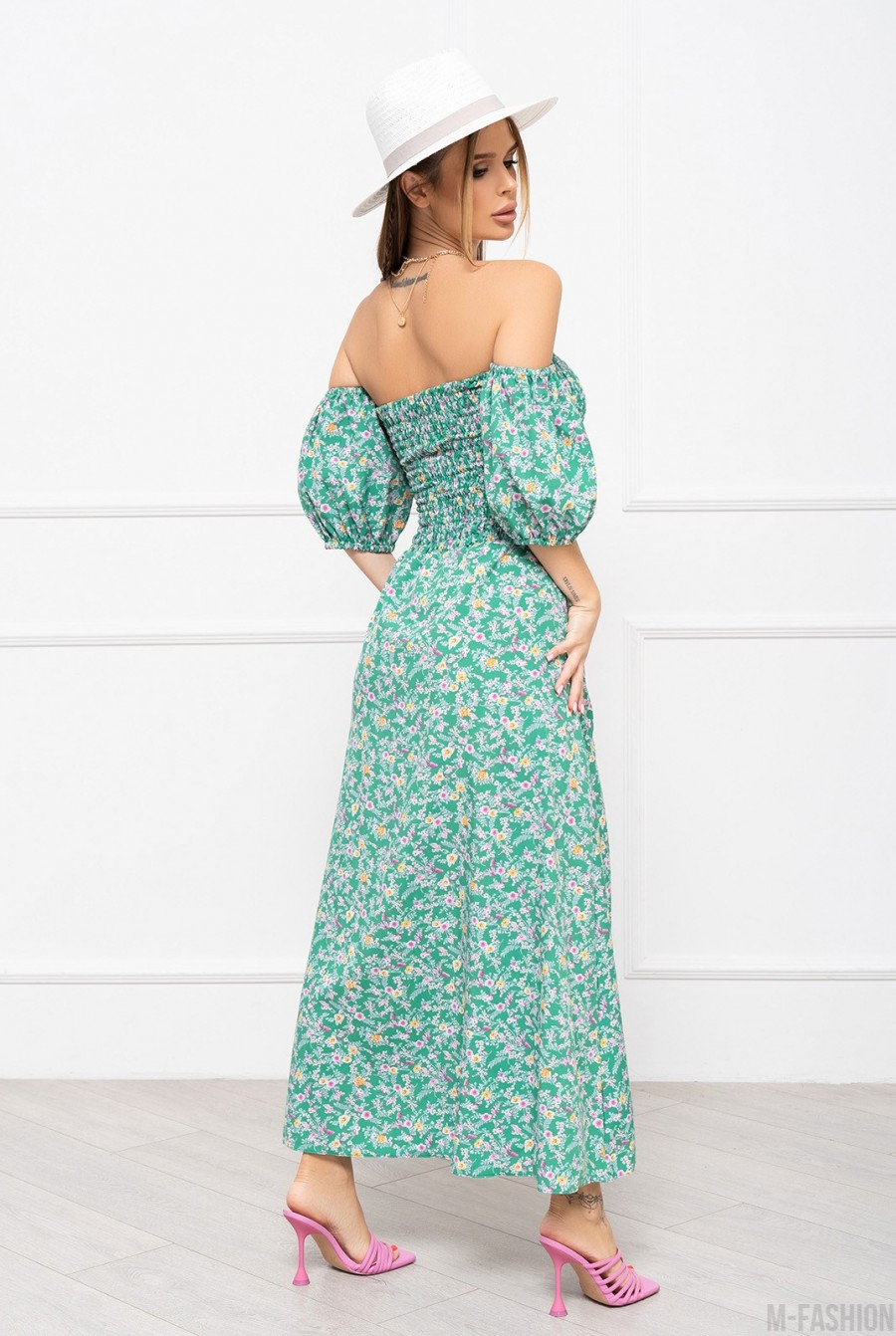 Зеленое цветочное платье с лифом-жаткой - Фото 3