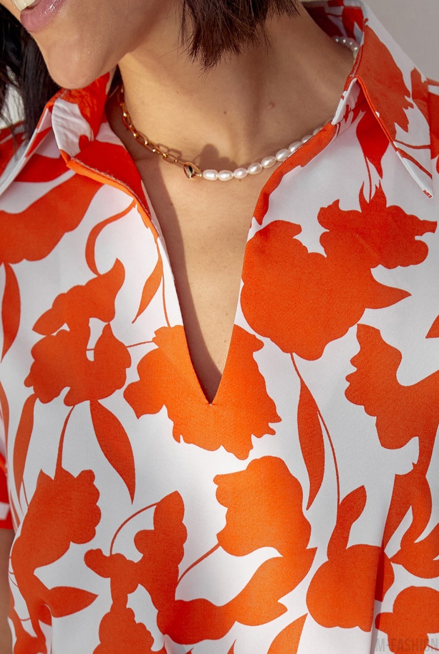 Оранжевое короткое платье-трапеция с воротником - Фото 4