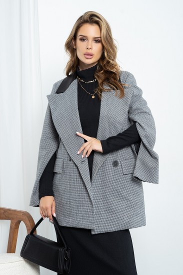Серый двубортный пиджак-кейп с вставкой