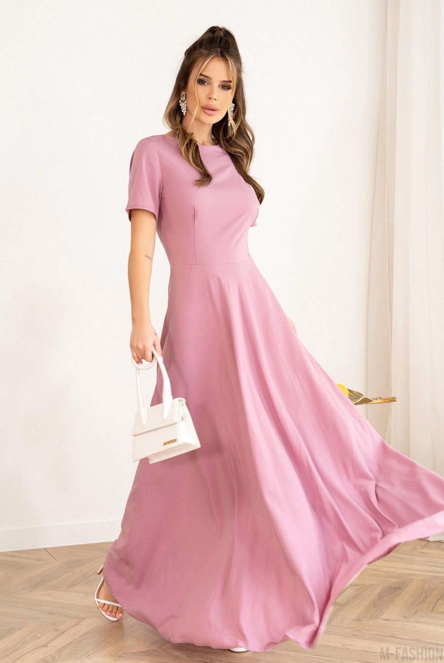 Сиреневое классическое платье с короткими рукавами - Фото 2
