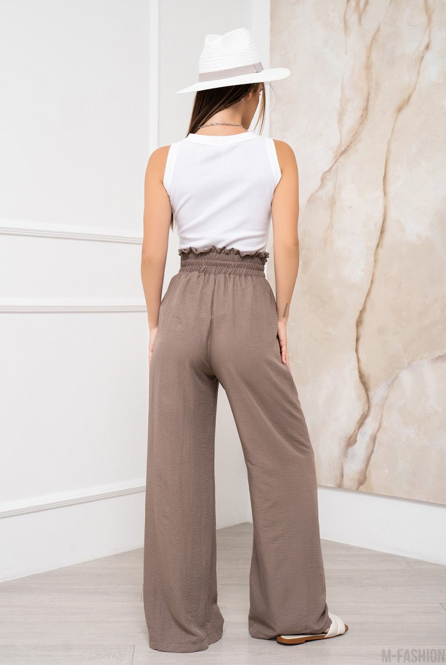 Свободные коричневые брюки с широкой резинкой - Фото 3