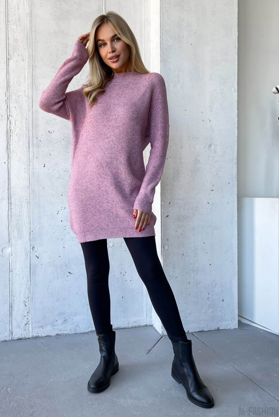 Темно-розовый кашемировый свитер-туника  - Фото 1