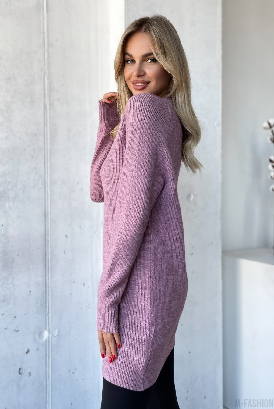 Темно-розовый кашемировый свитер-туника - Фото 2