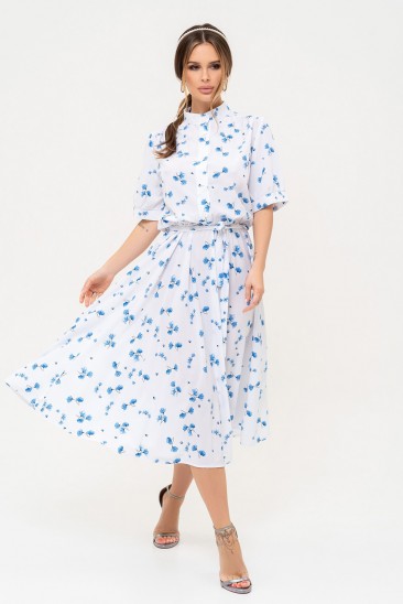 Белое платье-рубашка с цветочным голубым принтом