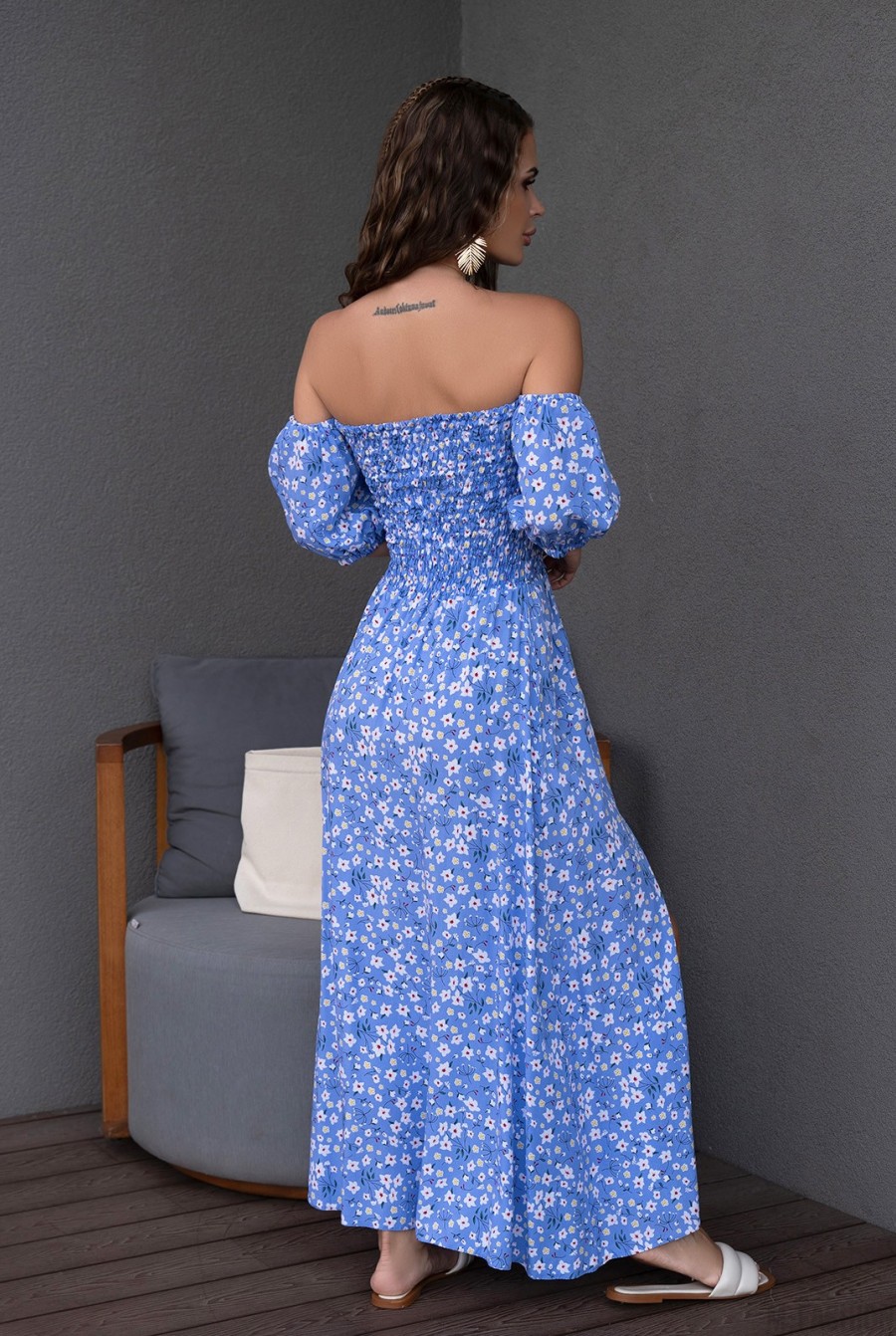 Голубое цветочное платье с лифом-жаткой - Фото 3