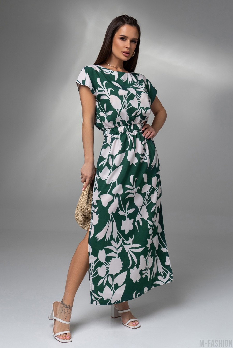 Зеленое длинное платье с разрезами - Фото 2