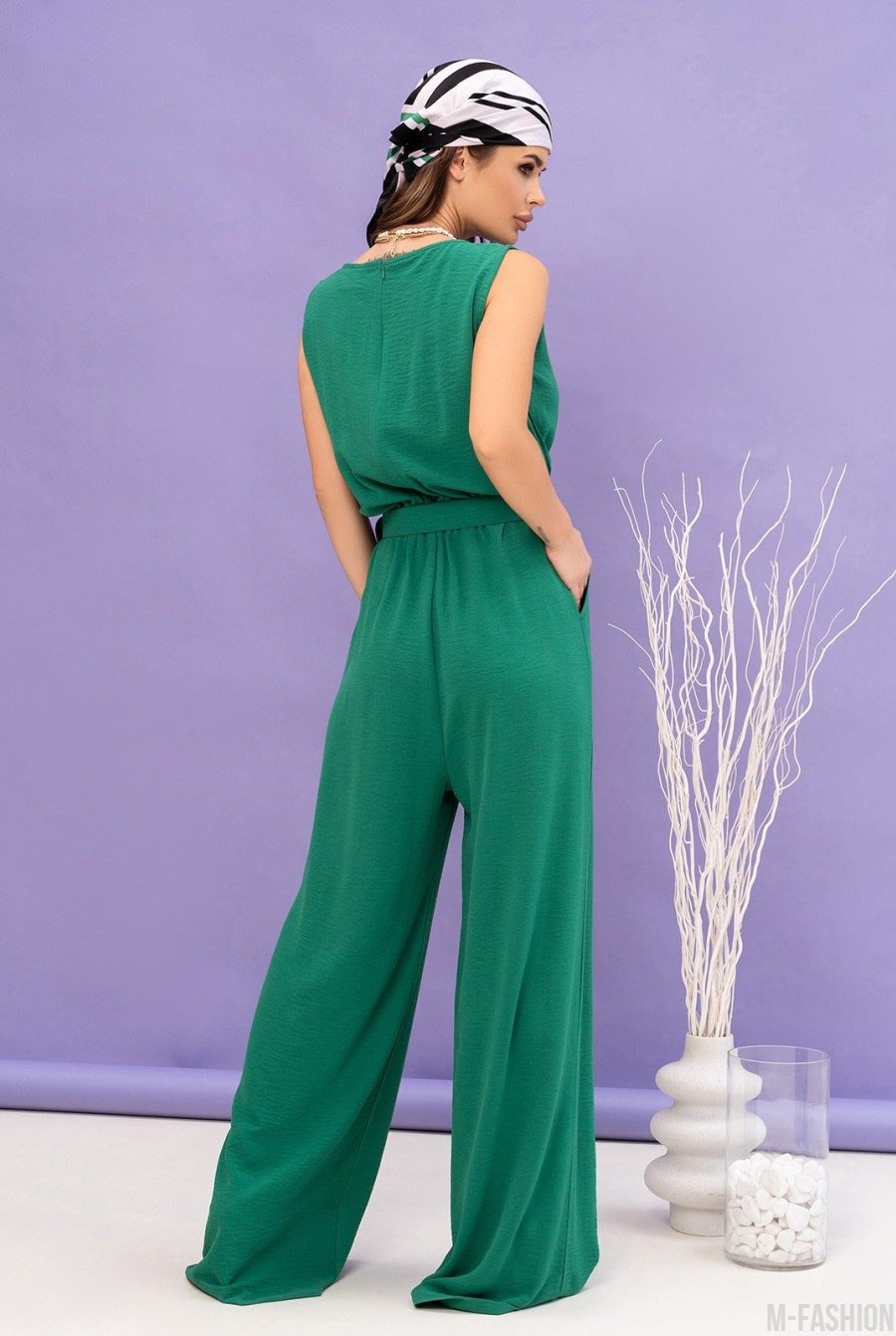 Зеленый комбинезон с широкими брюками - Фото 3