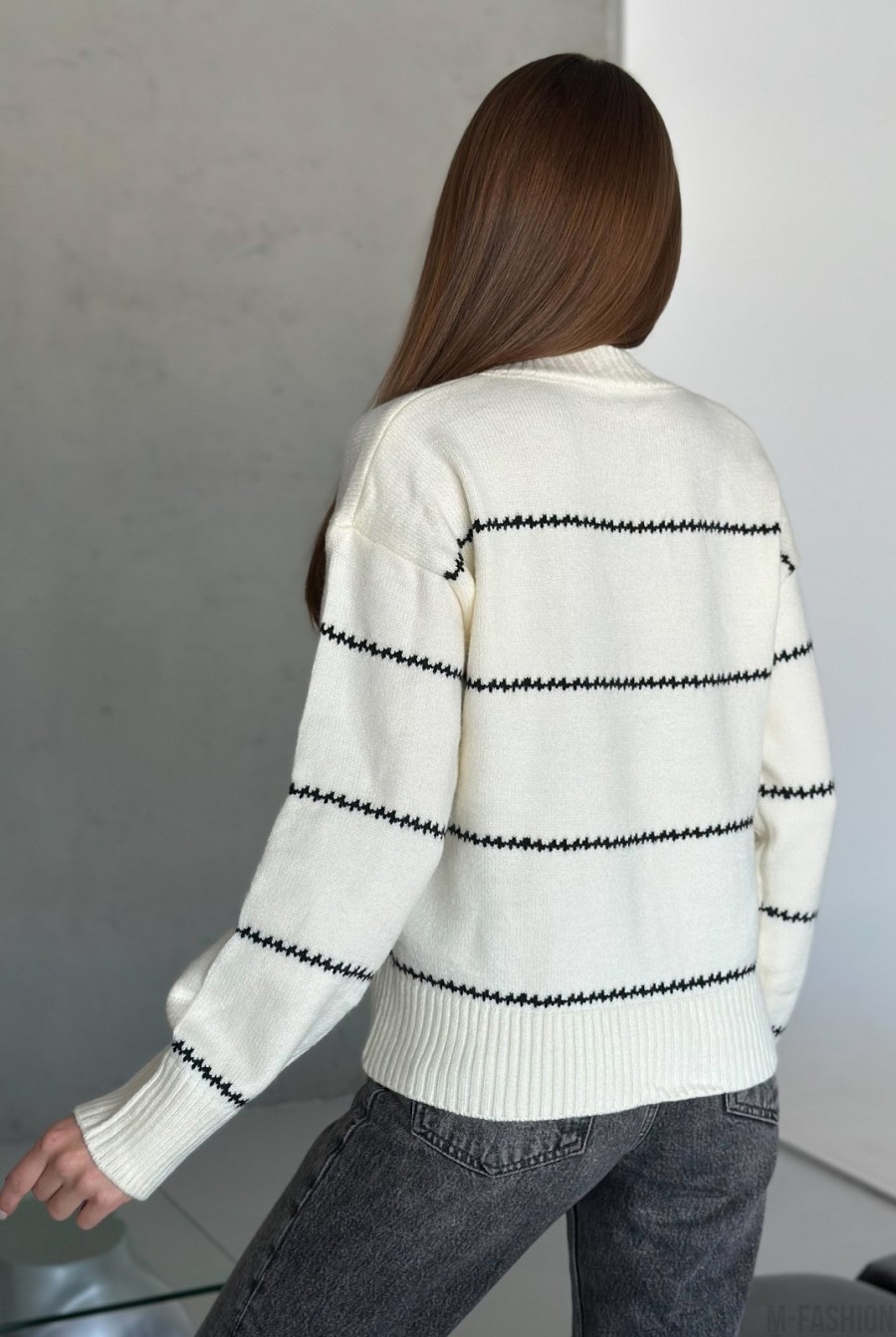 Ангоровый вязаный свитер молочного цвета в полоску - Фото 3