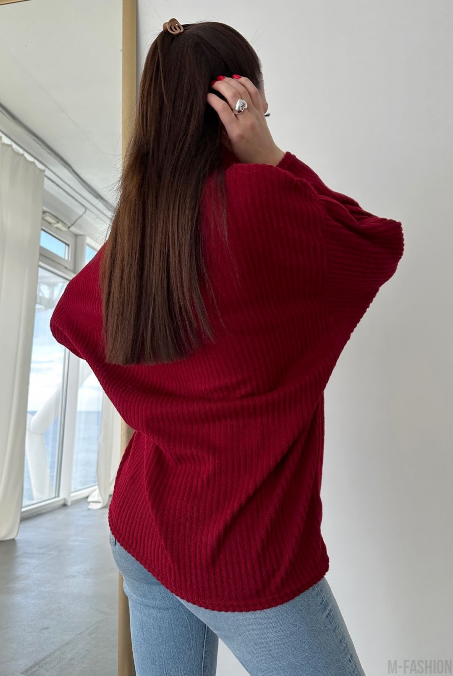 Бордовый удлиненный свитер с высоким горлом - Фото 2