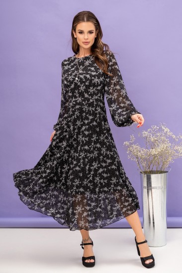 Черное миди платье с мелким цветочным принтом