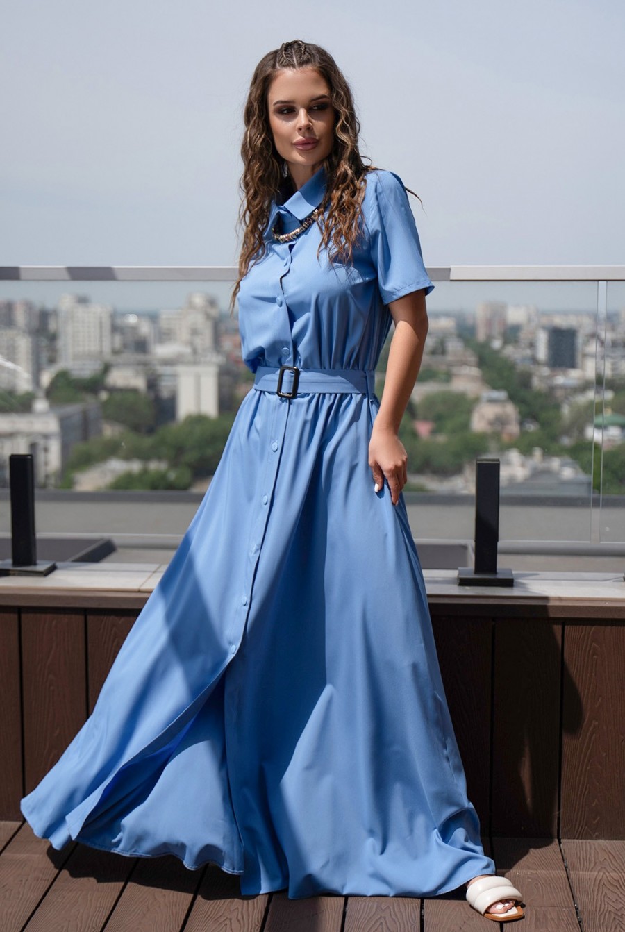 Голубое длинное платье-рубашка на пуговицах  - Фото 1