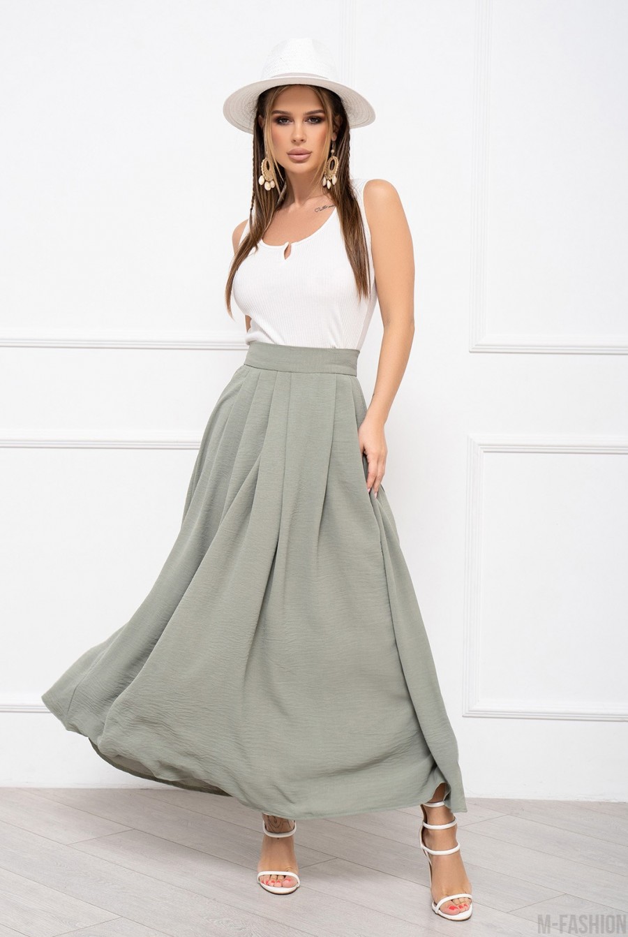 Оливковая текстурированная юбка со сборками  - Фото 1