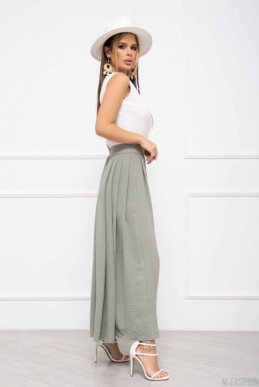 Оливковая текстурированная юбка со сборками - Фото 2