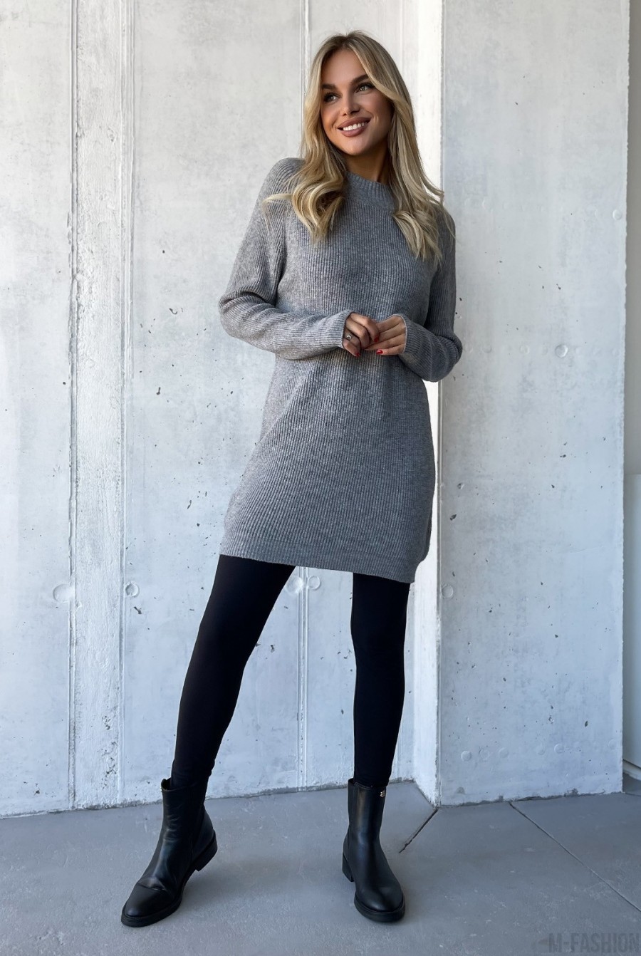 Серый кашемировый свитер-туника  - Фото 1