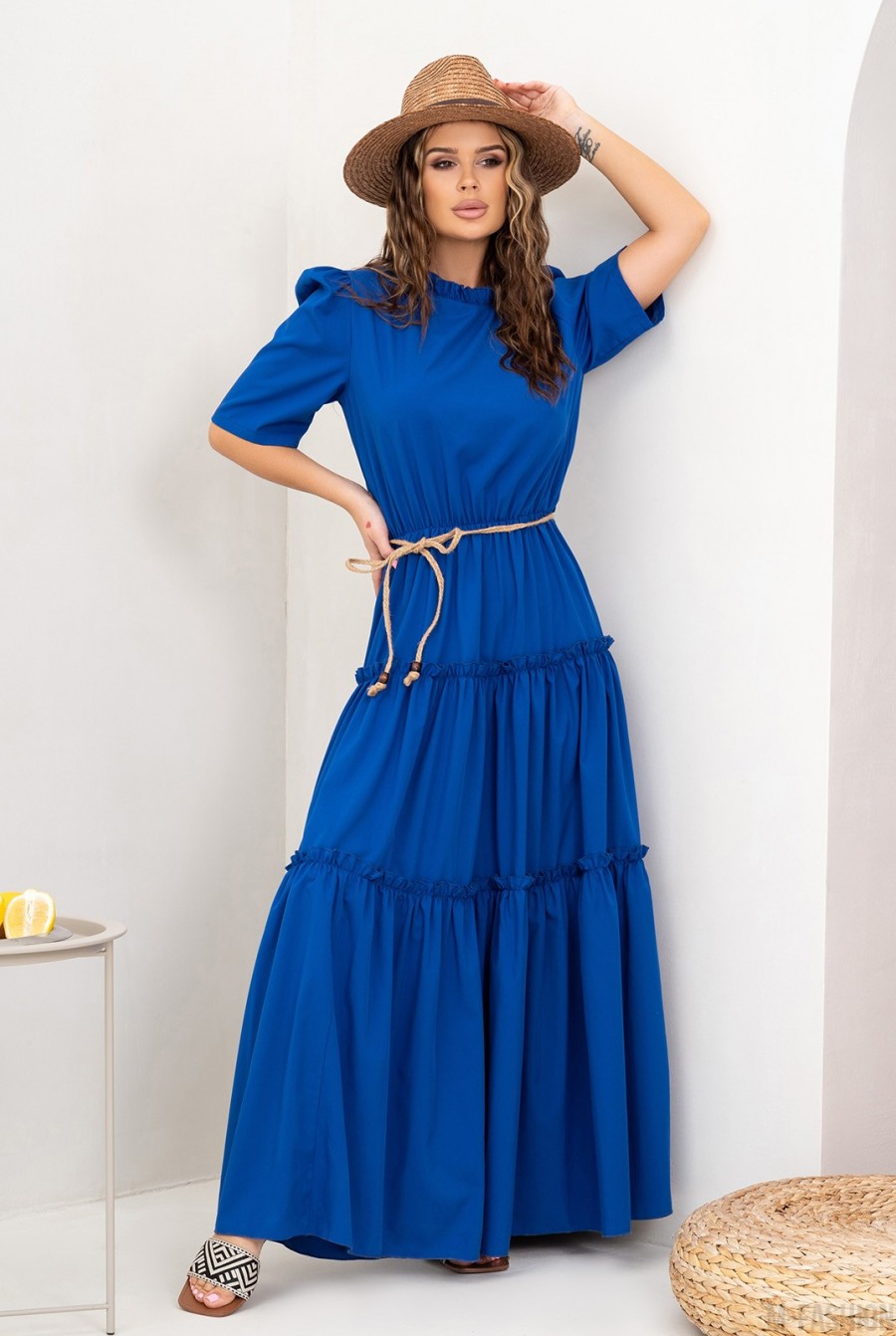 Синее длинное платье с рюшами  - Фото 1