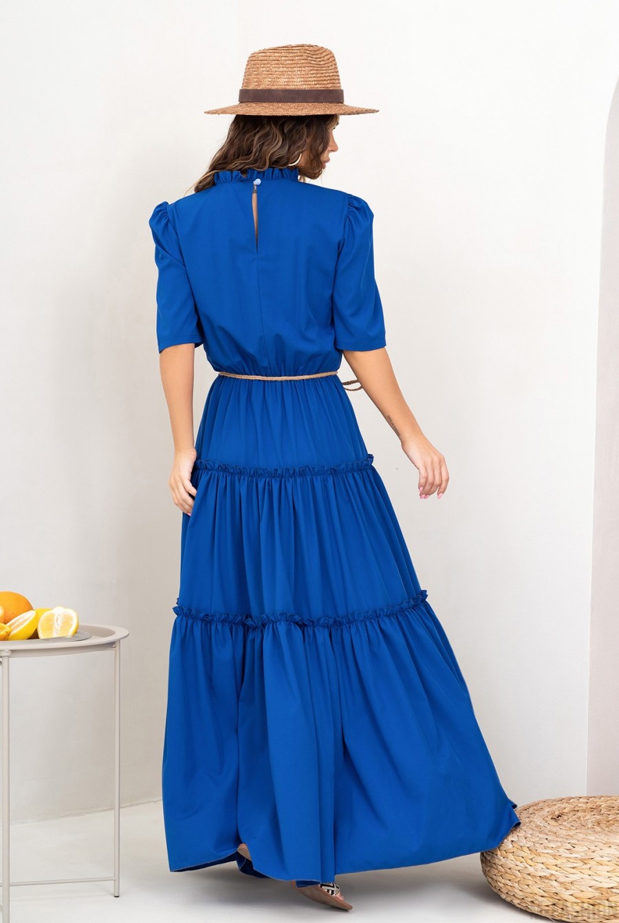 Синее длинное платье с рюшами - Фото 3